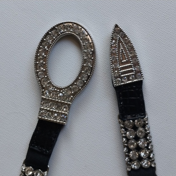 BELT Studded Black Leather Rhinestone Silvertones Regency Core Class Stretch main image 7